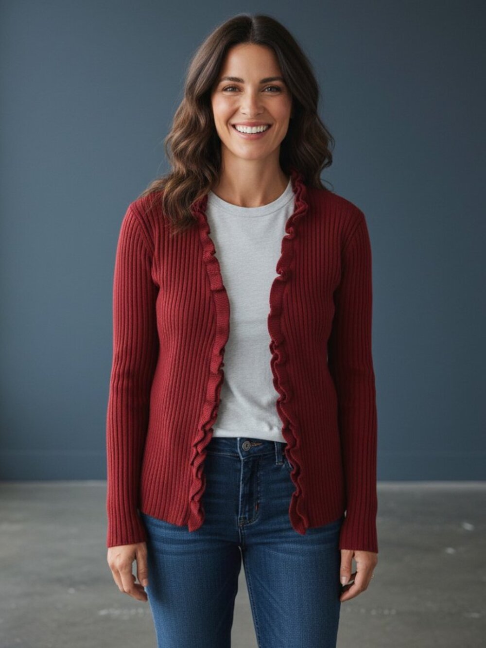 Van Heusen Red Ruffle-Trim Ribbed Cardigan